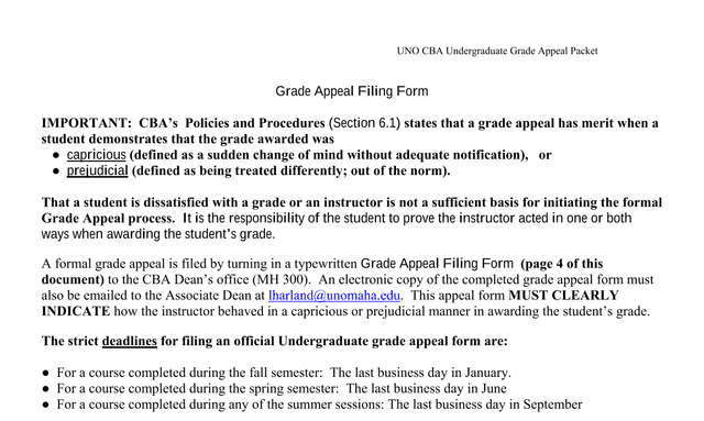 UNO CBA Undergraduate Grade Appeal Packet screenshot