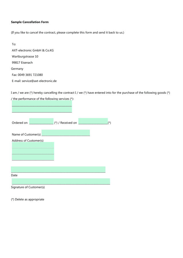 Sample Cancellation Form screenshot