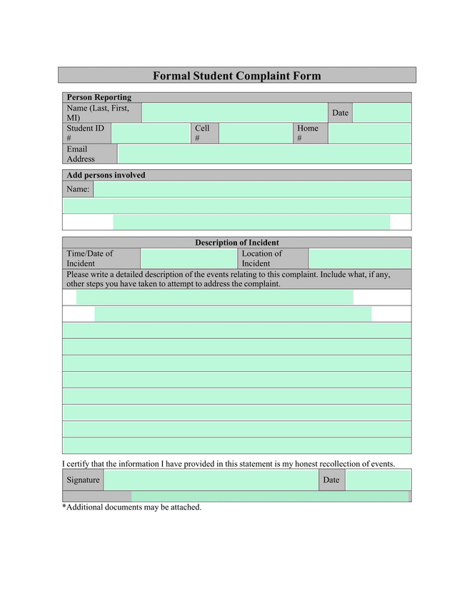 Formal Student Complaint Form screenshot