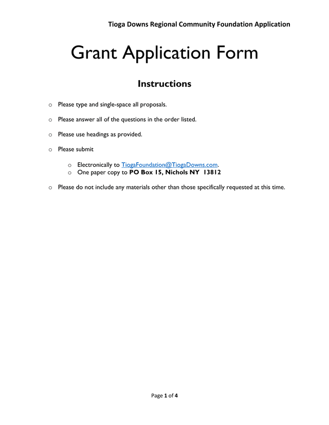 Tioga Downs Regional Community Foundation Application screenshot