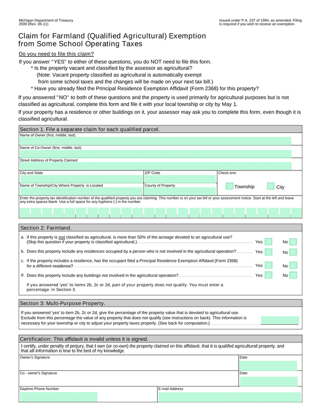 Claim For Farmland (Qualified Agricultural) Exemption From Some School Operating Taxes screenshot