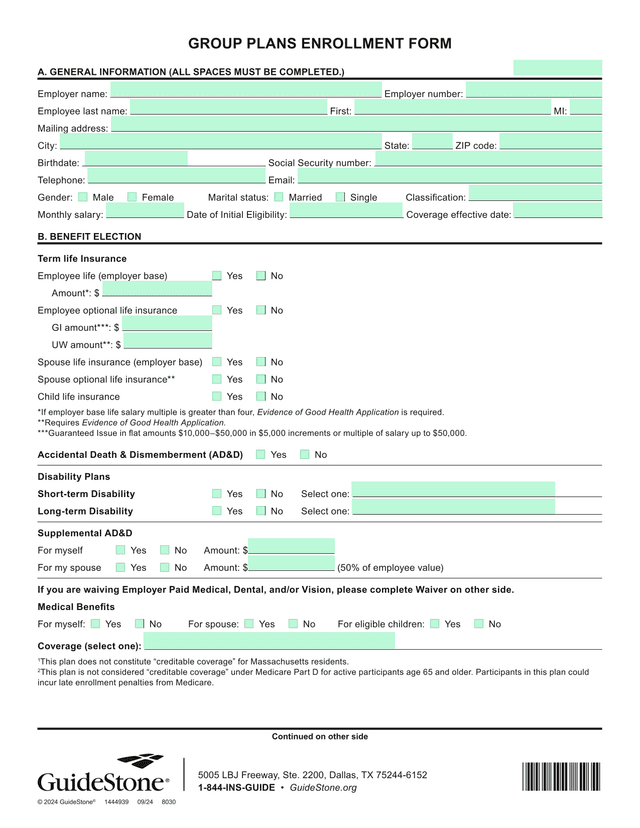 GROUP PLANS ENROLLMENT FORM screenshot