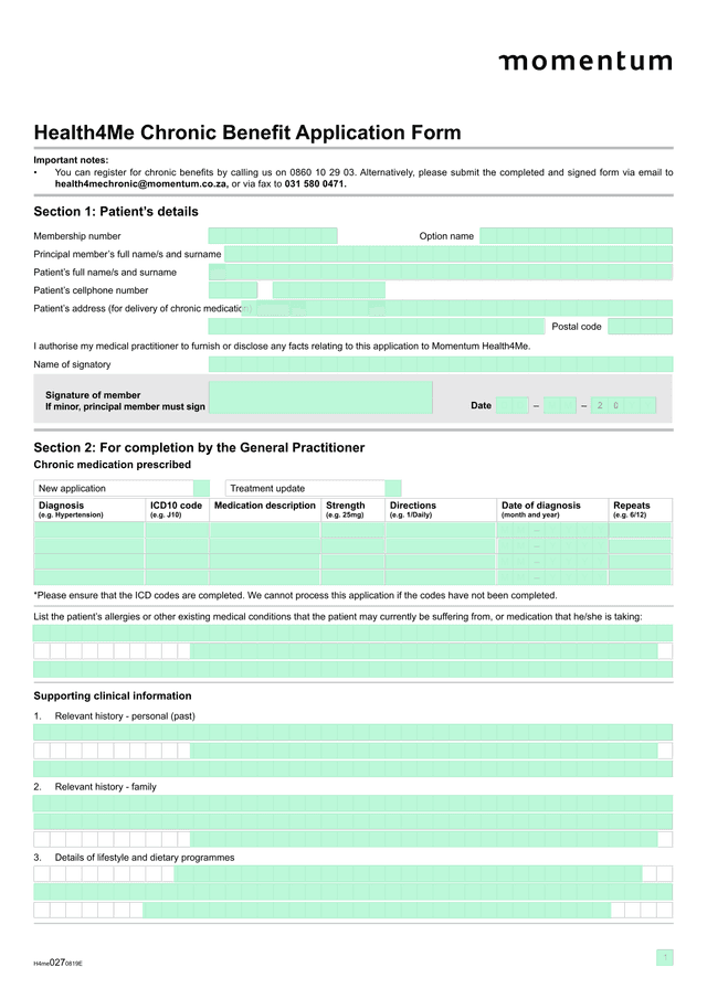 Health4Me Chronic Benefit Application Form screenshot