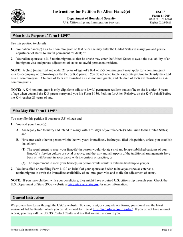Instructions For Petition For Alien Fianc(E) screenshot