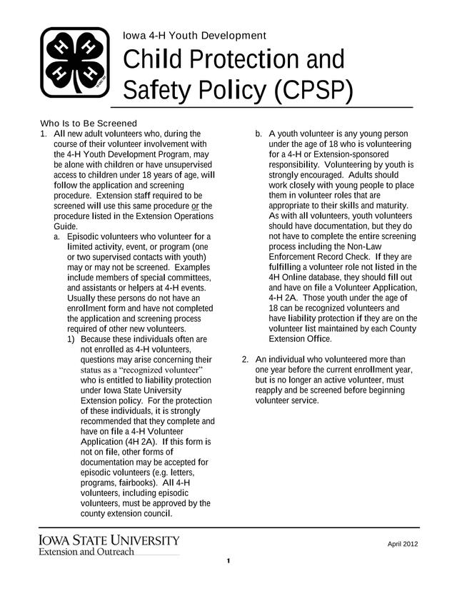 Iowa 4 H Youth Development Child Protection And Safety Policy (CPSP) screenshot