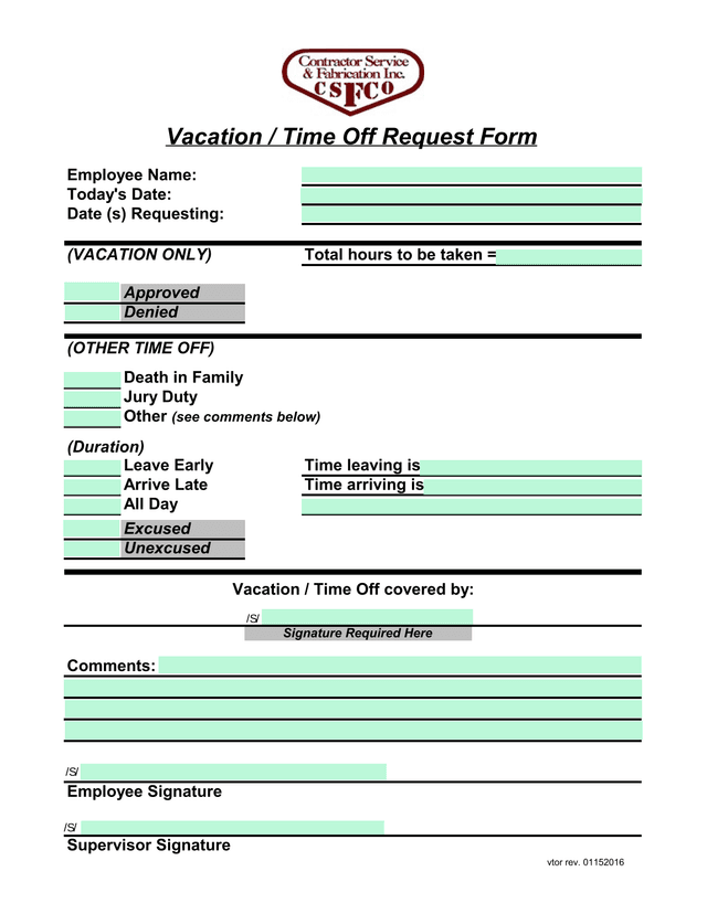 Vacation  Time Off Request Form screenshot