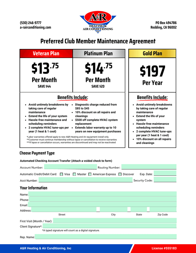 Preferred Club Member Maintenance Agreement screenshot