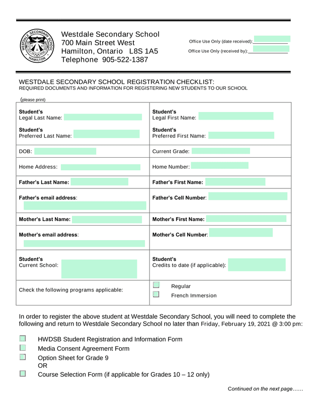 Westdale Secondary School Registration Checklist screenshot