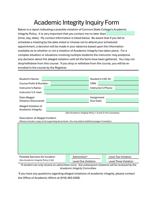 Academic Integrity Inquiry Form screenshot