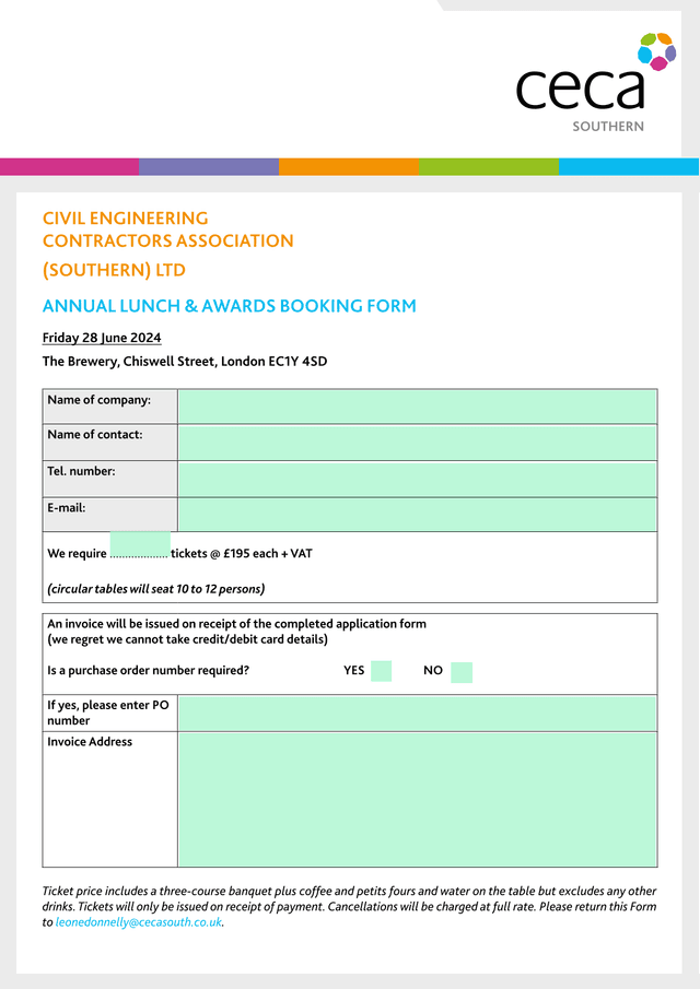 SOUTHERN CIVIL ENGINEERING CONTRACTORS ASSOCIATION (SOUTHERN) LTD ANNUAL LUNCH  AWARDS BOOKING FORM screenshot