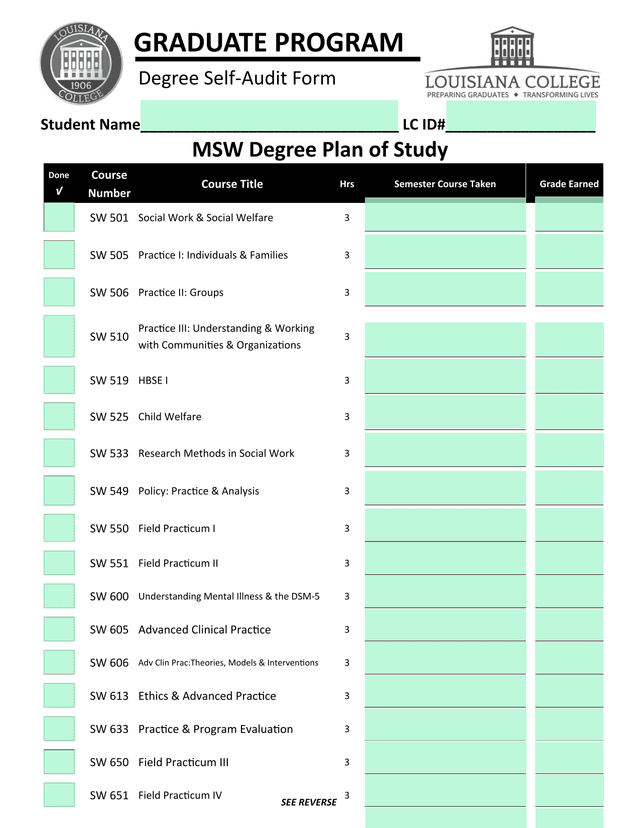 Graduate Program Degree Self Audit Form screenshot