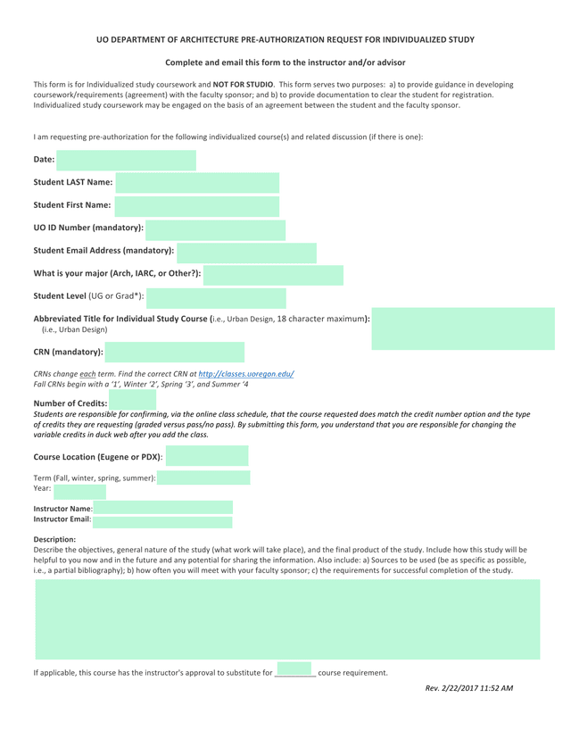 UO Department Of Architecture Pre Authorization Request For Individualized Study screenshot