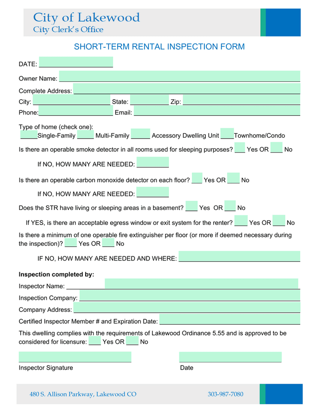 SHORT TERM RENTAL INSPECTION FORM screenshot