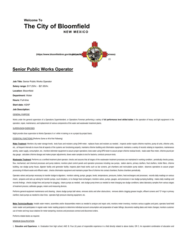 Senior Public Works Operator Job Description screenshot