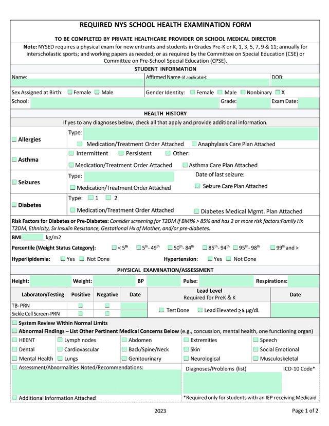 Required NYS School Health Examination Form screenshot