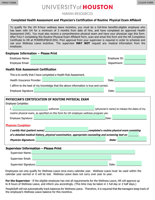 Routine Physical Exam Affidavit screenshot