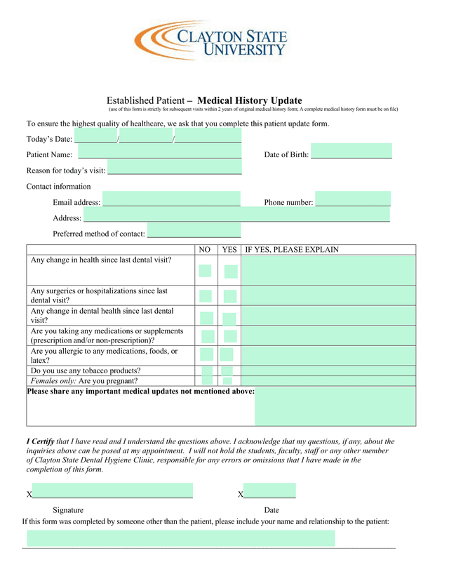 Established Patient  Medical History Update screenshot