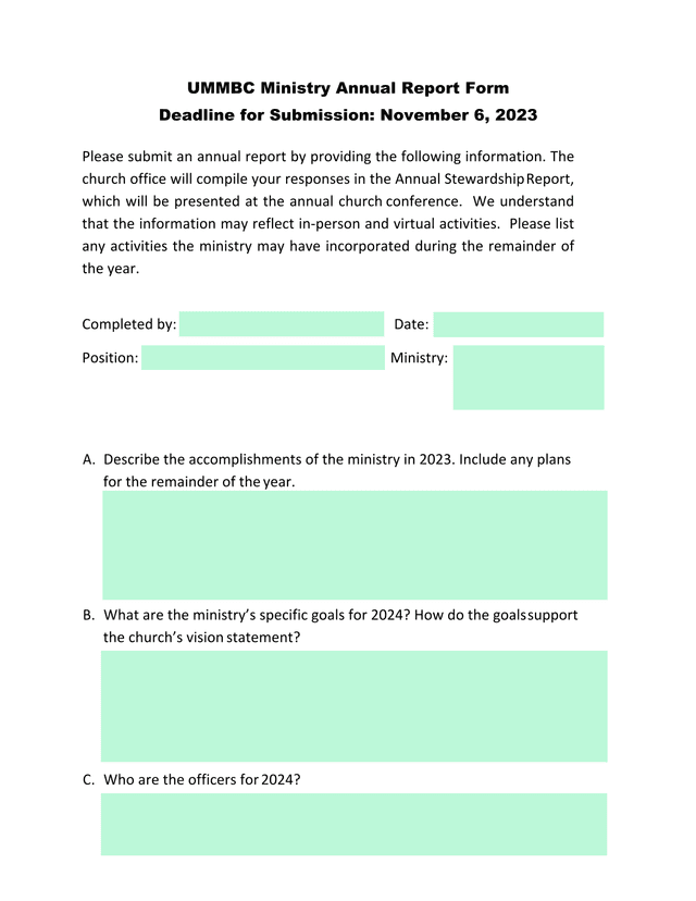 UMMBC Ministry Annual Report Form screenshot