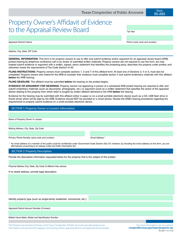 Property OwnerS Affidavit Of Evidence To The Appraisal Review Board screenshot