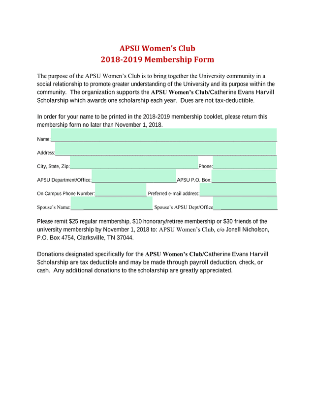 APSU WomenS Club 2018 2019 Membership Form screenshot