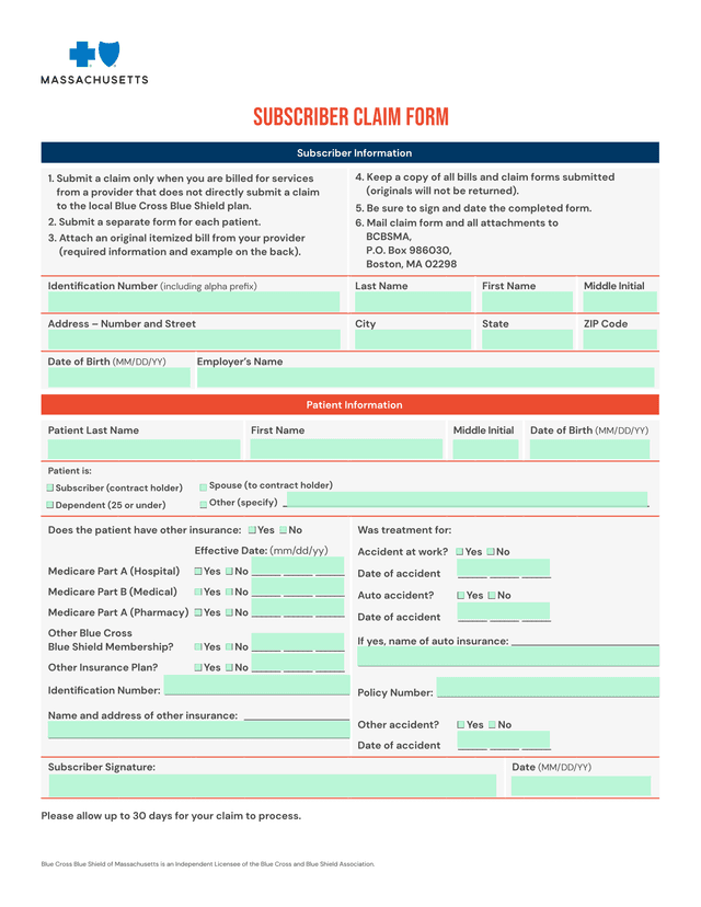 Subscriber Claim Form screenshot