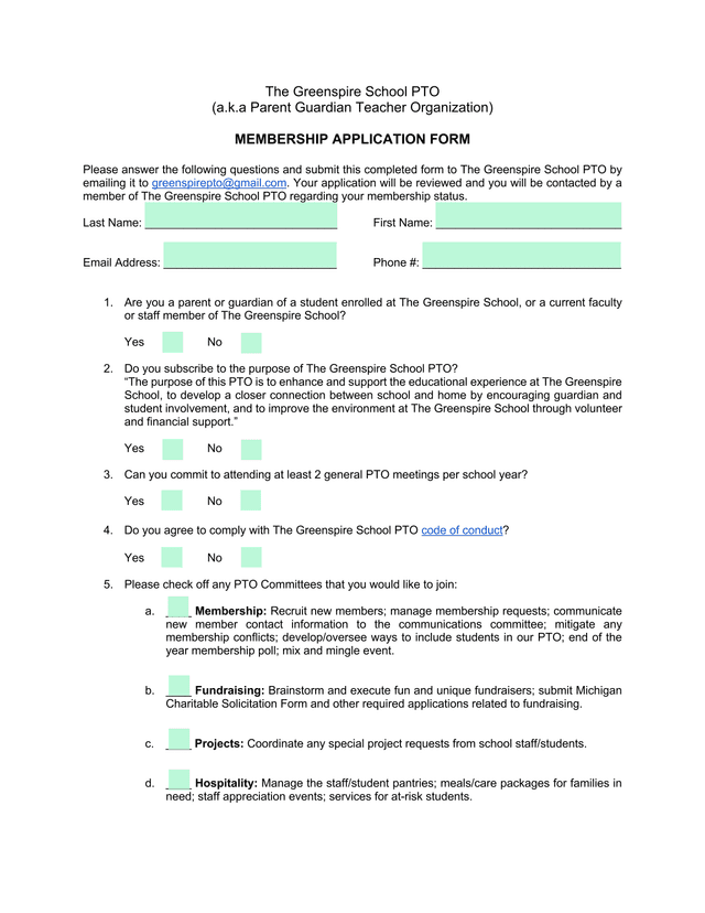 Greenspire School PTO Membership Application Form screenshot