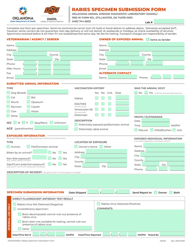 OSDHOADDL Rabies Specimen Submission Form screenshot