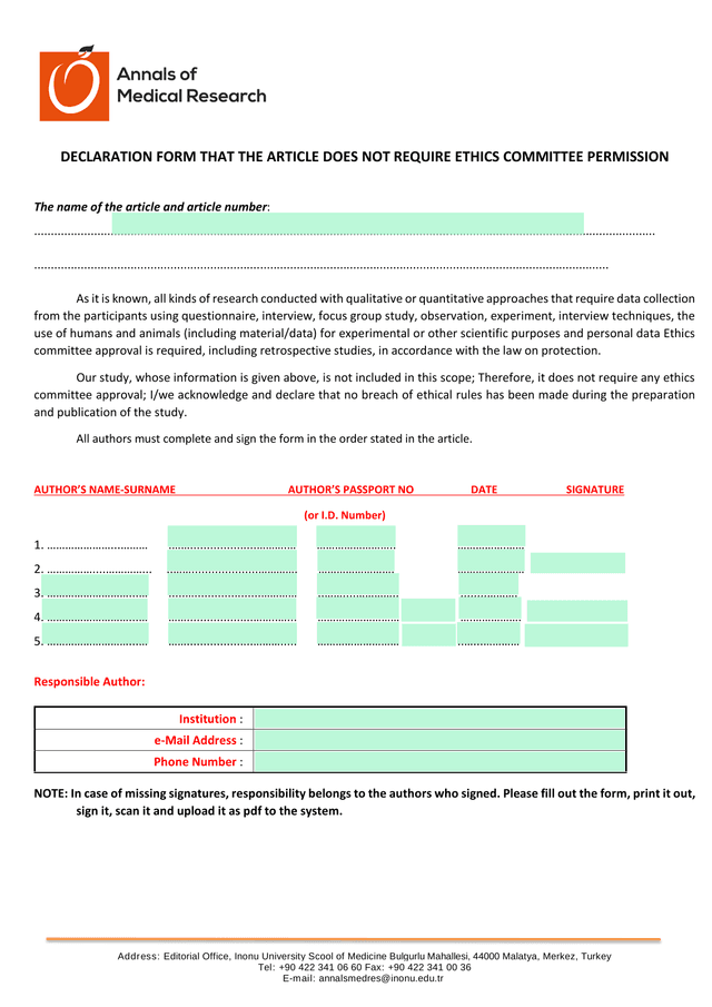 Declaration Form That The Article Does Not Require Ethics Committee Permission screenshot
