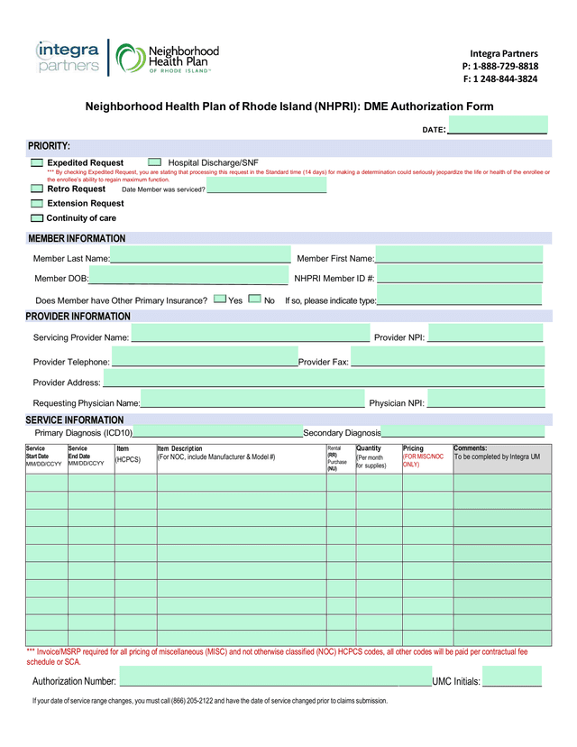 Neighborhood Health Plan Of Rhode Island (NHPRI) DME Authorization Form screenshot