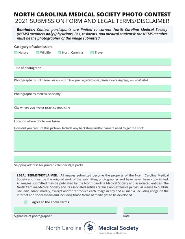 NORTH CAROLINA MEDICAL SOCIETY PHOTO CONTEST 2021 SUBMISSION FORM AND LEGAL TERMSDISCLAIMER screenshot