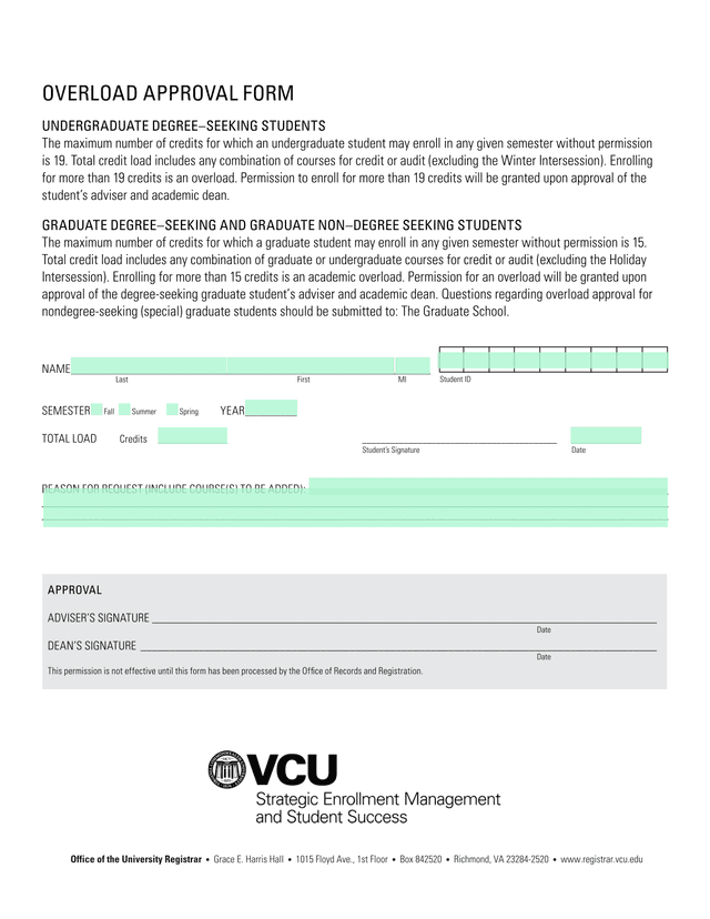 Student ID Overload Approval Form screenshot