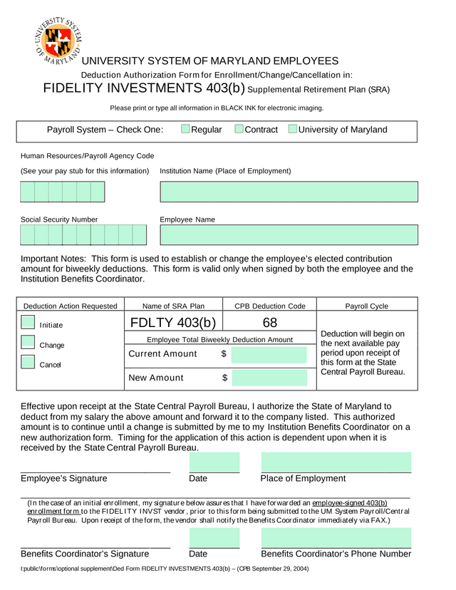 Deduction Authorization Form For EnrollmentChangeCancellation In FIDELITY INVESTMENTS 403(B) Supplem screenshot