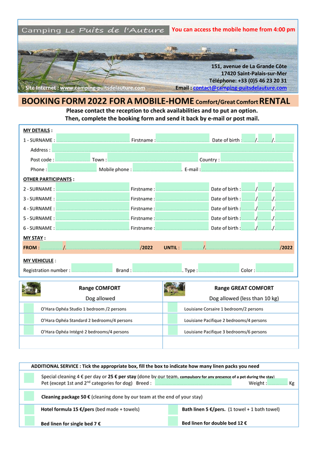 Booking Form 2022 For Mobile Home Rental screenshot