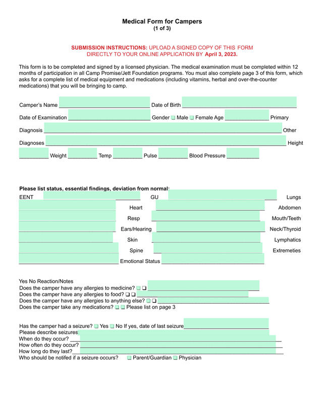 Medical Form For Campers screenshot