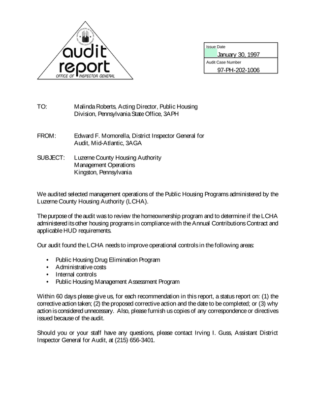 Audit Case Number 97 PH 202 1006 Luzerne County Housing Authority Management Operations screenshot
