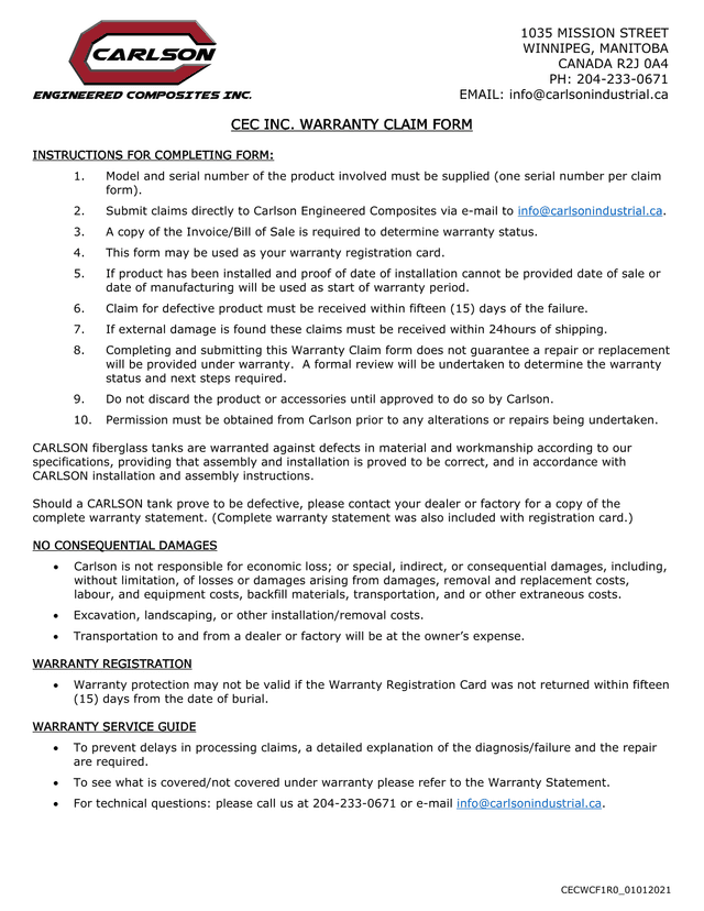 CEC INC. WARRANTY CLAIM FORM screenshot