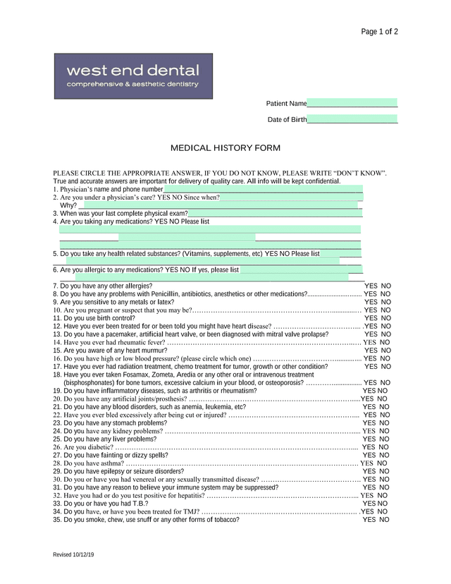 MEDICAL HISTORY FORM screenshot
