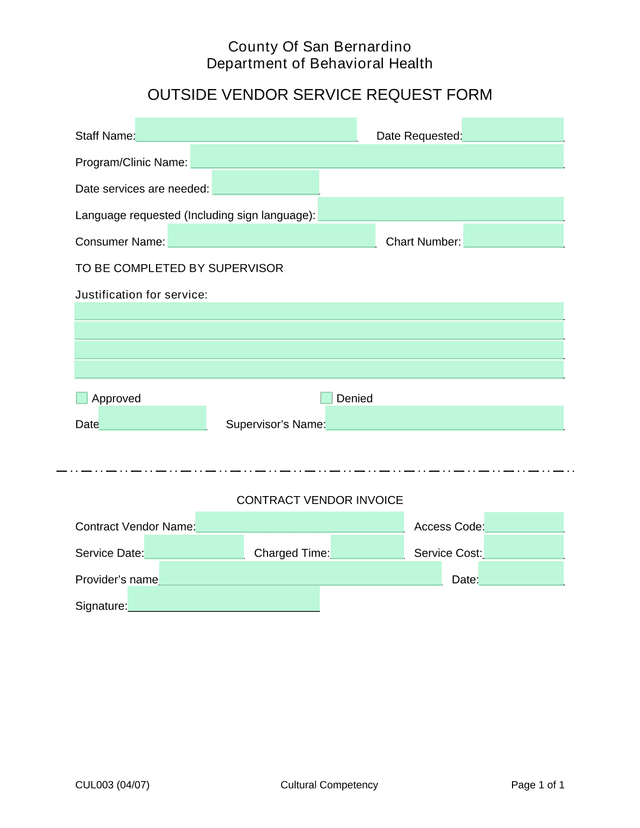 Outside Vendor Service Request Form screenshot