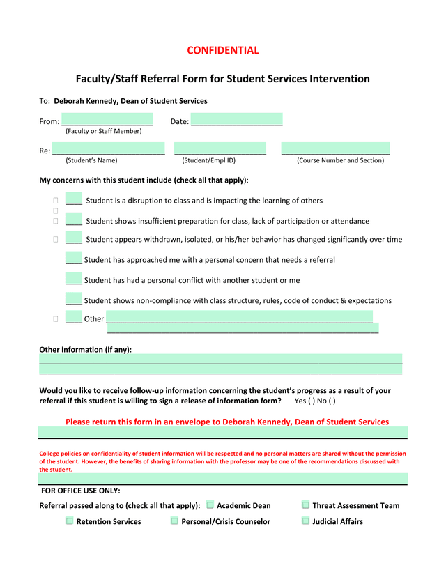FacultyStaff Referral Form For Student Services Intervention screenshot