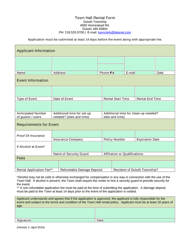 Town Hall Rental Form screenshot