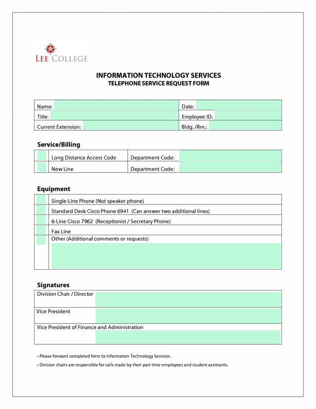 Telephone Service Request Form screenshot