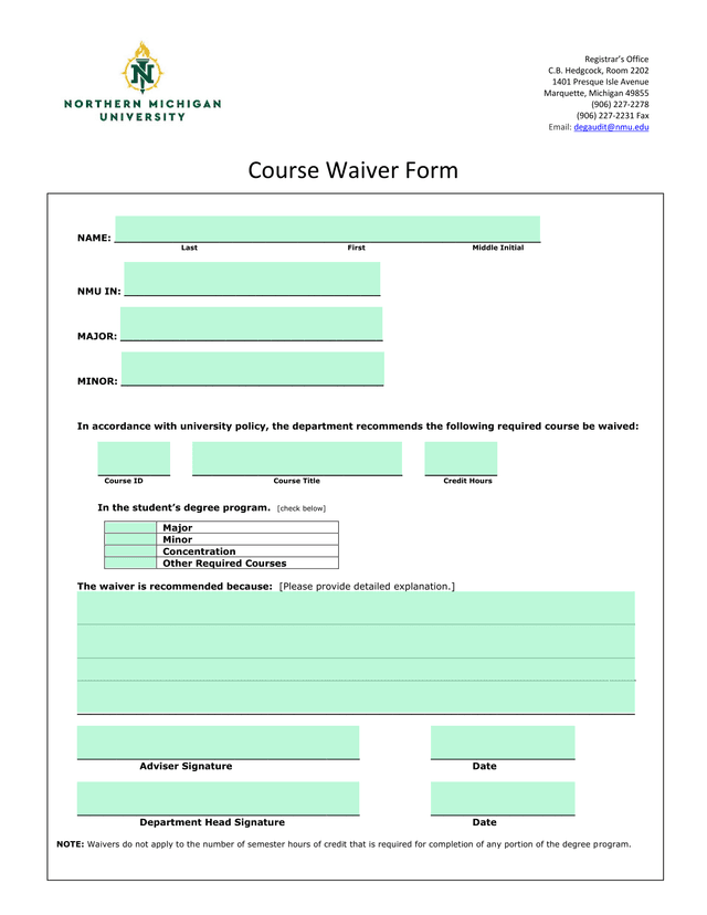 Course Waiver Form screenshot