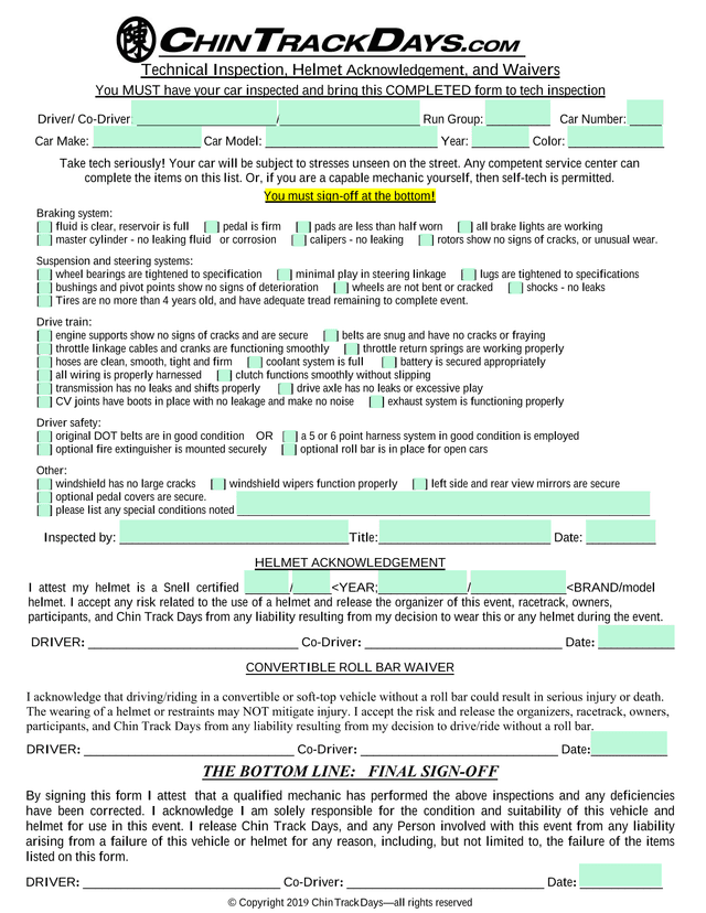 Technical Inspection, Helmet Acknowledgement, And Waivers screenshot