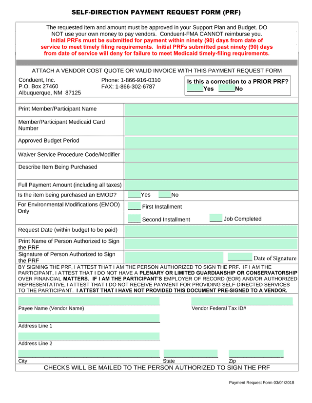 SELF DIRECTION PAYMENT REQUEST FORM (PRF) screenshot