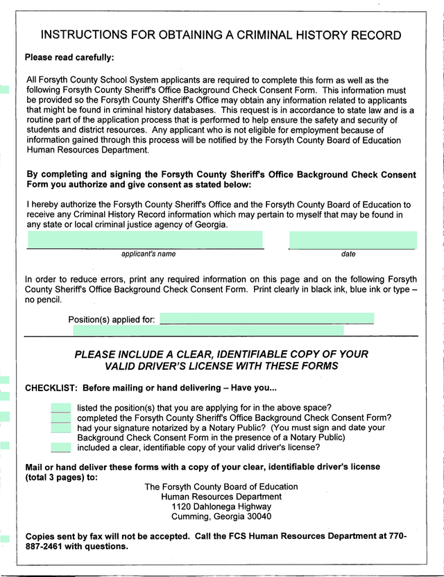 Criminal History Record Instructions screenshot
