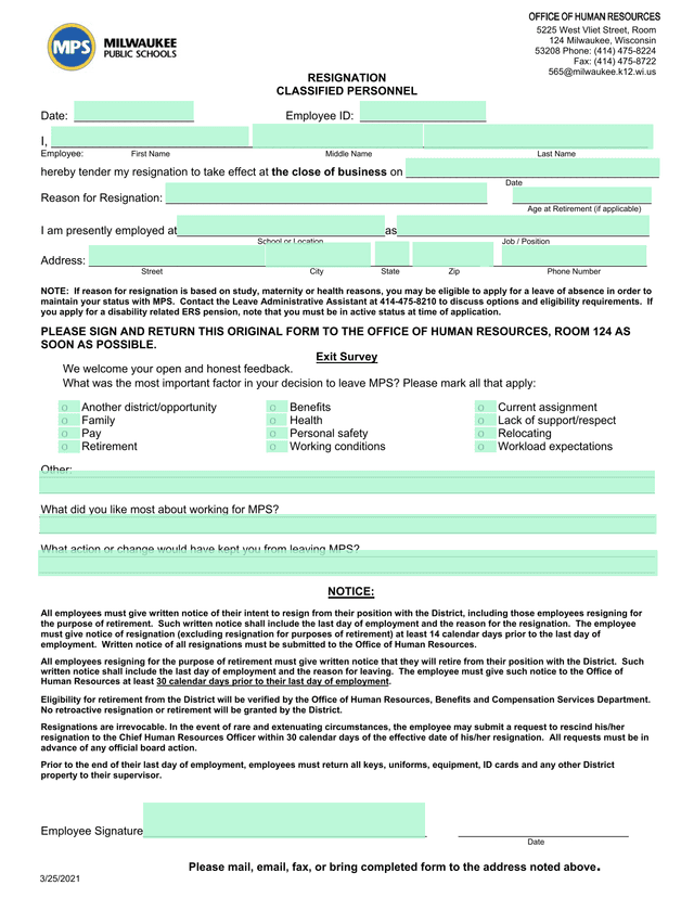 Resignation   Classified Personnel screenshot