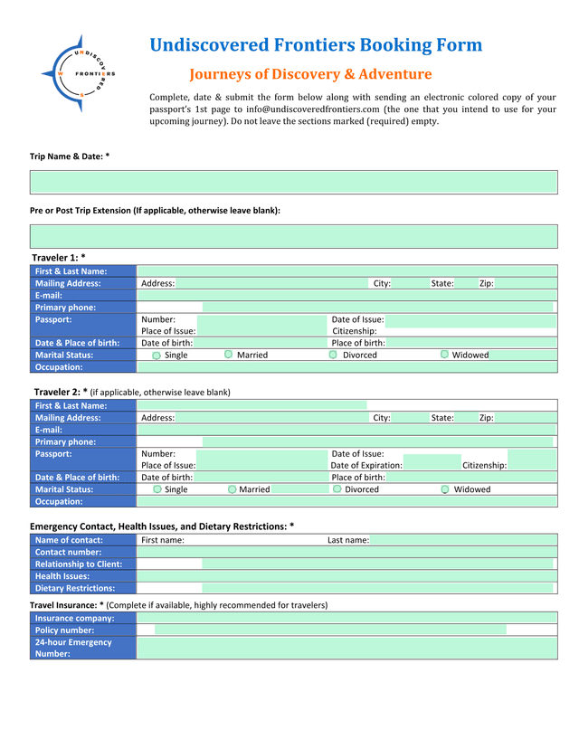 Undiscovered Frontiers Booking Form screenshot