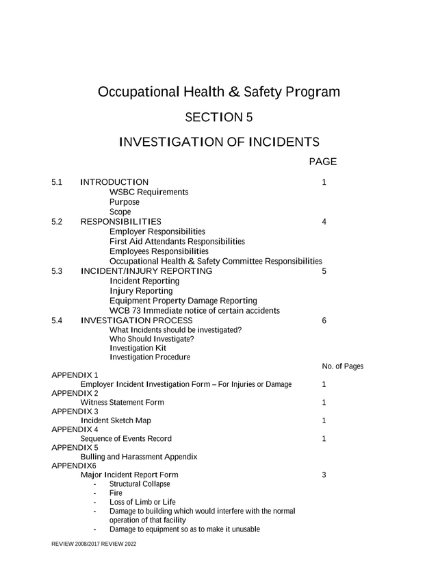 Occupational Health  Safety Program   Investigation Of Incidents screenshot