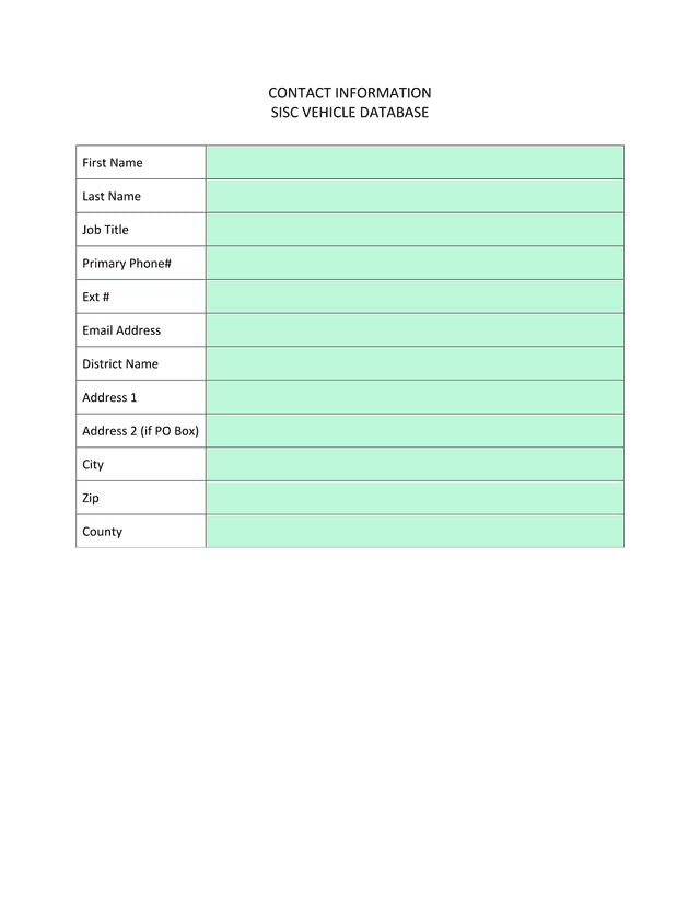 SISC Vehicle Database Contact Information screenshot