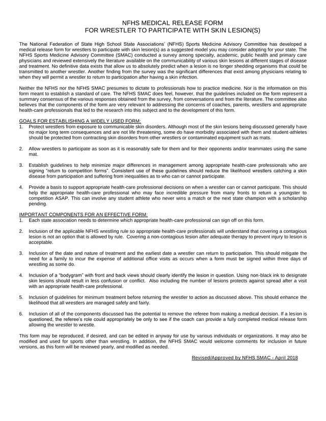 NFHS Medical Release Form For Wrestler To Participate With Skin Lesion(S) screenshot